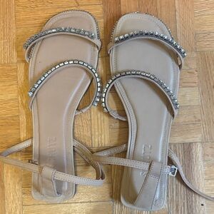 Schutz Loule Nubuck Flat Sandal nude beige embellished rhinestones size 8